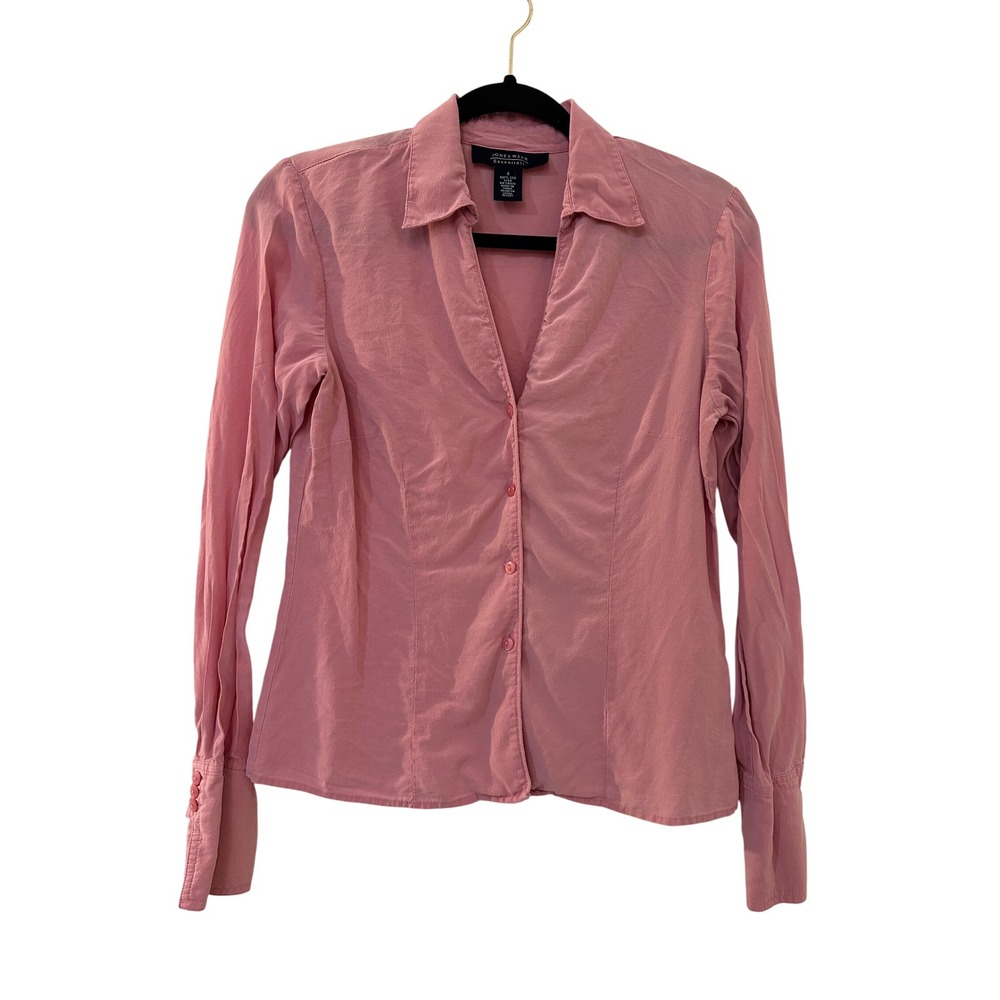 Vintage Jones Wear Womans Pink 100% Silk Button Down Top Size 4 Y2K 90s Minimal